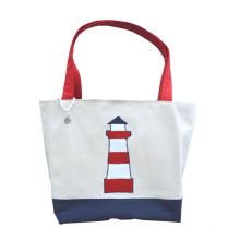 Wholesale Durable Eco-Friendly Foldable Cotton Custom Beacon Logo Splice Canvas Interior Pocket Recycled Tote Bag for Shopping Grocery Beach